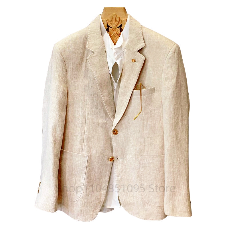 Men Formal Wear Top - Jas Linen Pria Warna Beige, Blazer