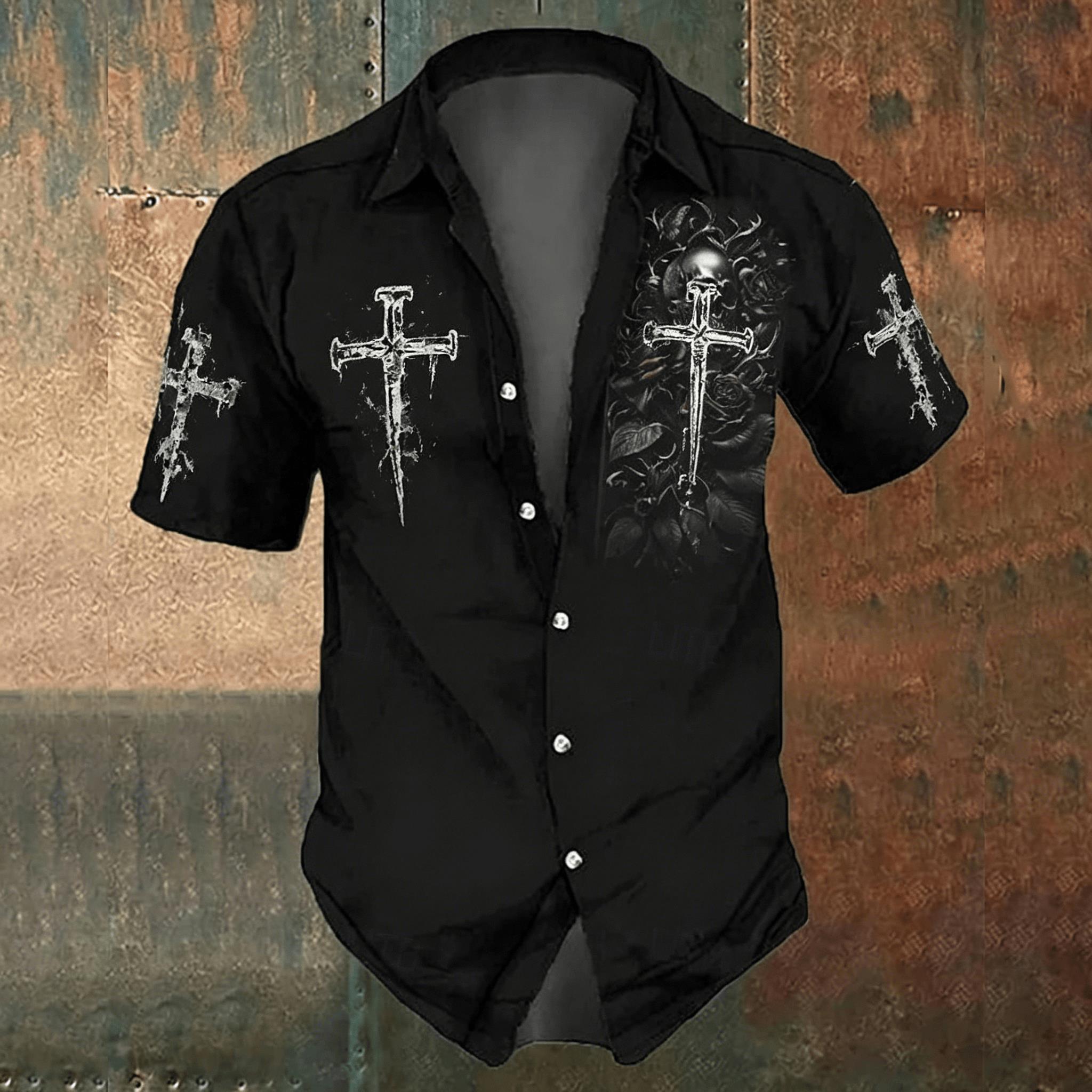 Men'S Gothic Formal Wear - Kemeja Kasual Pria Motif Salib Hitam,